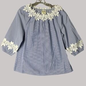 Bedford Fair Floral Trim‎ Striped Peasant Top Size S Blue White Lace Boho Blouse